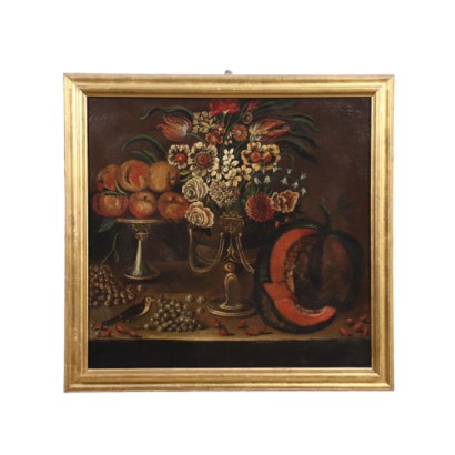 Antique Painting with Still Life and Goldfinch Oil on Canvas '700