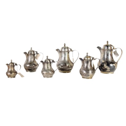 Group of 6 Antique Teapots Man. Cusi Silver Italy XX Century